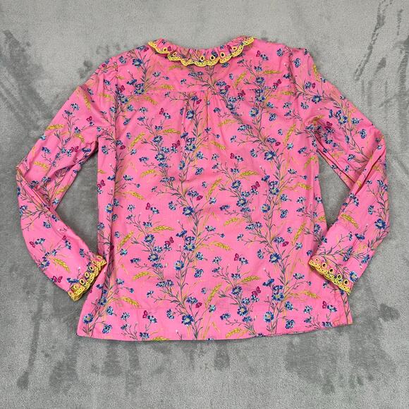 J Crew X Liberty Fabrics Size XS Pink Cotton Poplin Ruffle Blouse Wheat Bouquet - Picture 2 of 7